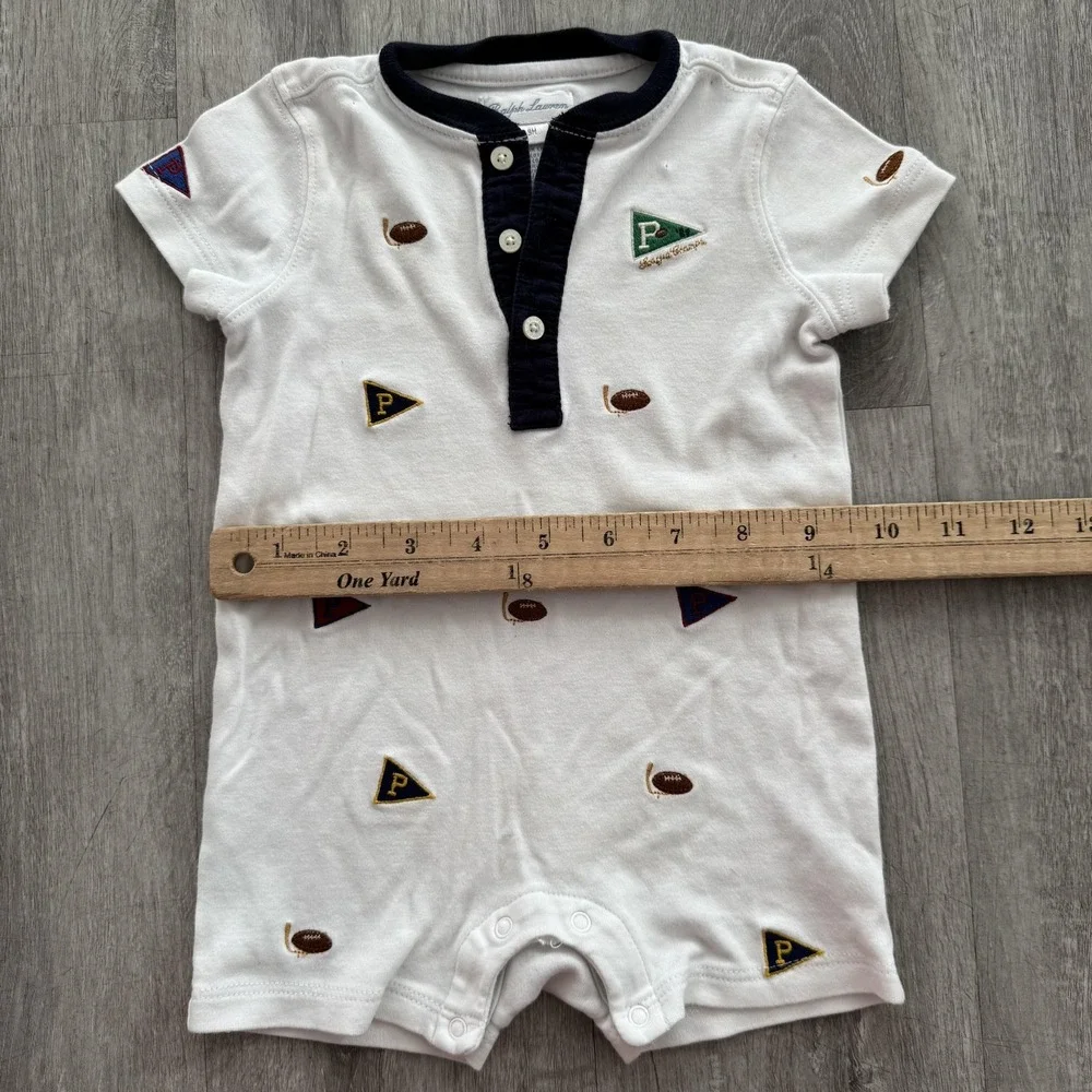 Polo Ralph Lauren Romper Boys 6-9 Months White Football Pennant One-Piece